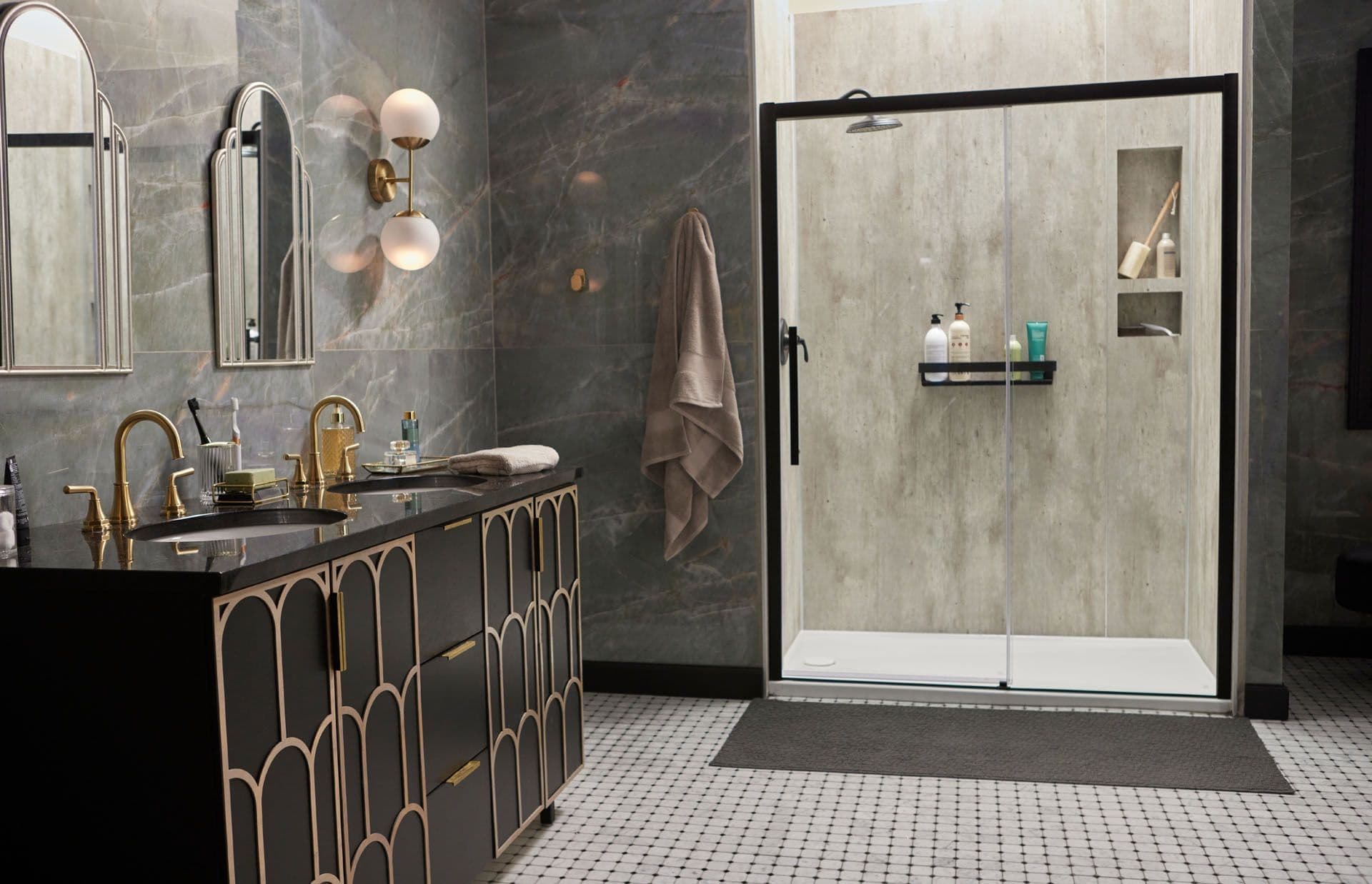 Modern walk-in shower with glass door and tiled walls